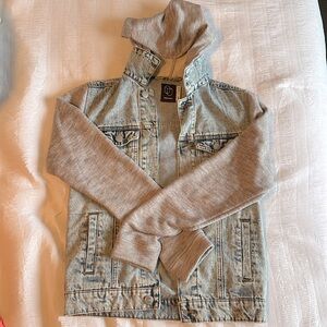 Hooded Denim Jacket with Sweater Sleeves